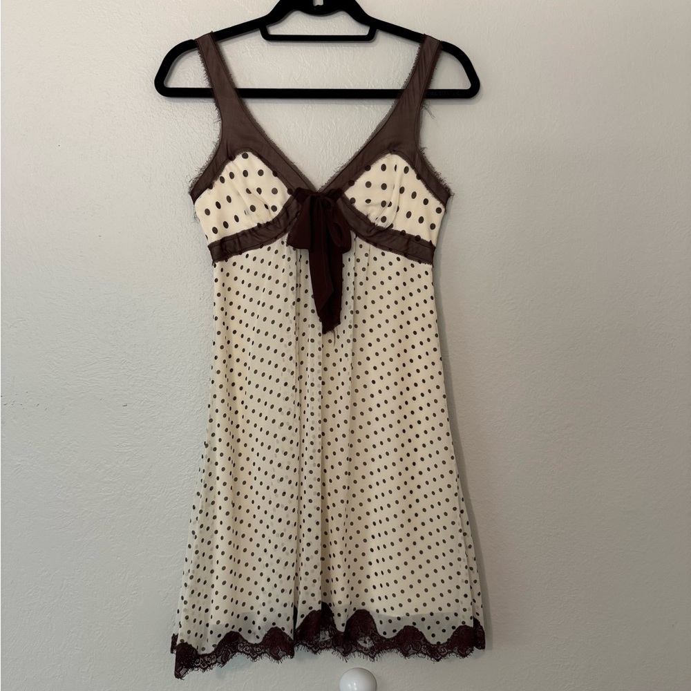 BCBGMAXAZRIA Cream Brown Polka Dot Chiffon Bow Dress | Size 0